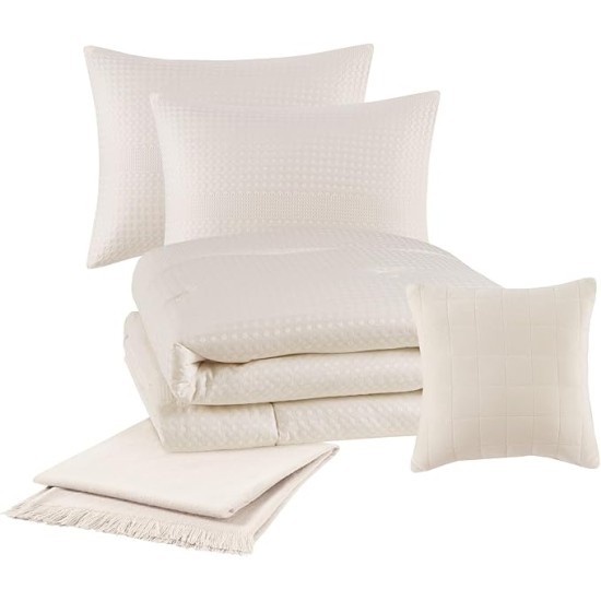 5-Piece Ivory Waffle Comforter Set, Full/Queen - All are Machine Washable with The Exception of The Dec Pillow Which is Spot Clean Only 100% Polyester